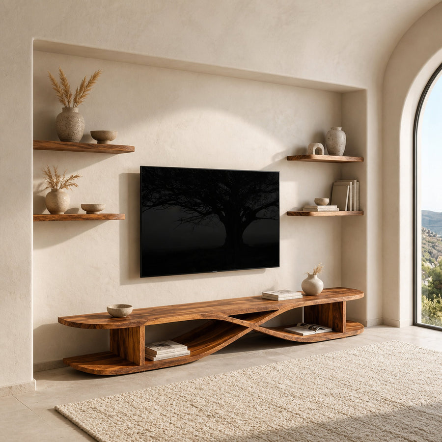 Modern Wooden Curved TV Stand For Living Room Media