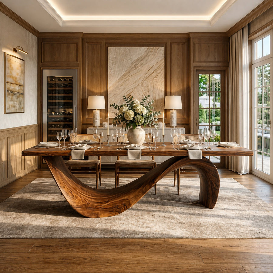 Modern Wooden Dining Table With Curved Base For Dining Area