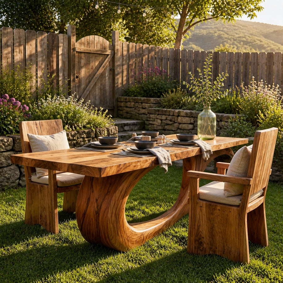 Modern Wooden Dining Table With Sculptural Base For Kitchen