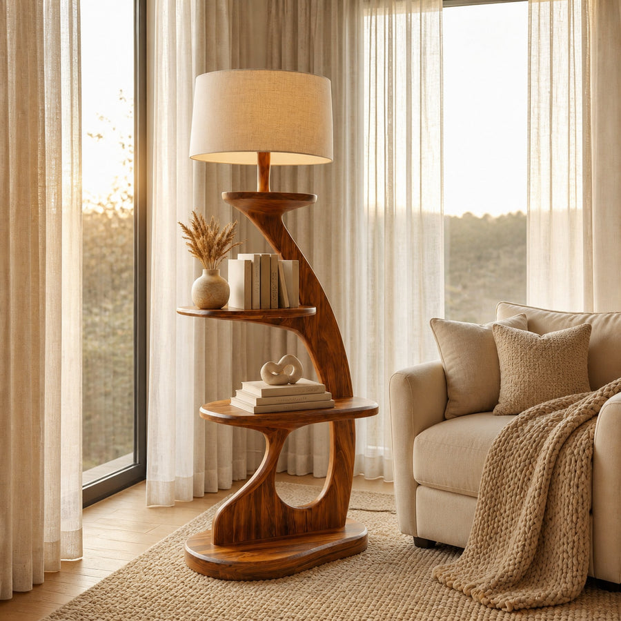 Modern Wooden Floor Lamp With 2-Tier Shelving Unit For Home