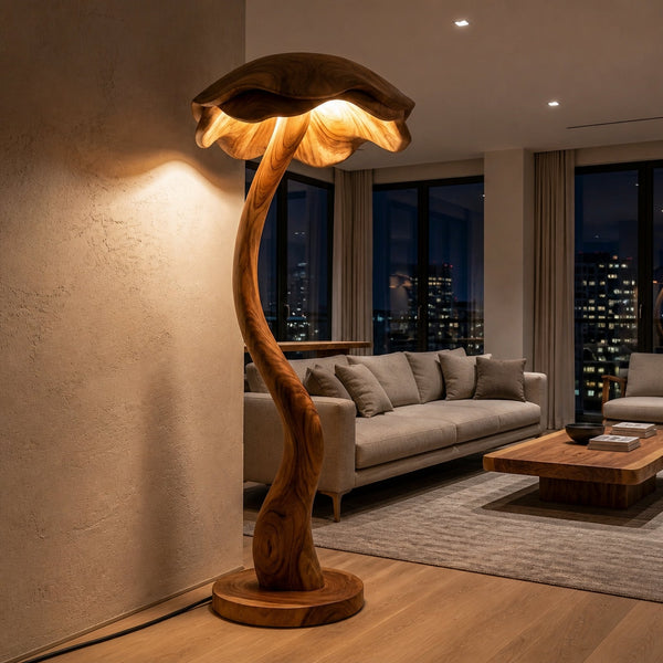 Modern Wooden Floor Lamp With Sculptural Lampshade For Home Decor