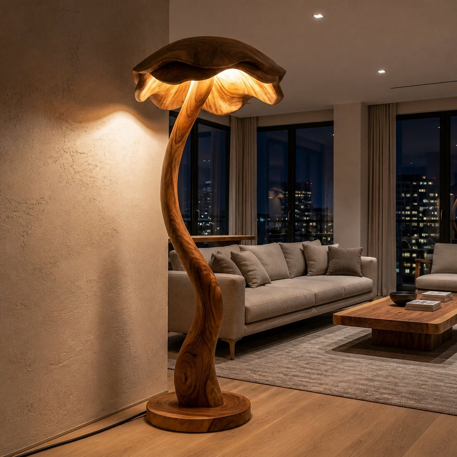 Modern Wooden Floor Lamp With Sculptural Lampshade For Home Decor