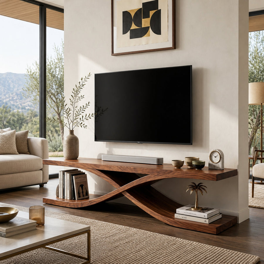 Modern Wooden TV Stand With Sculptural X-shaped For Living