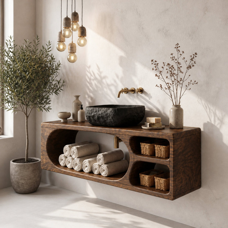 Organic Bathroom Vanity With Built In Storage Shelves For Bathroom