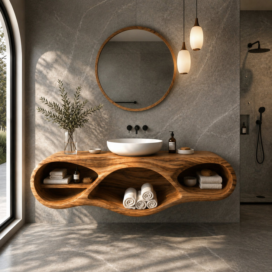 Organic Bathroom Vanity With Oval Open Shelves For Spa Bathroom