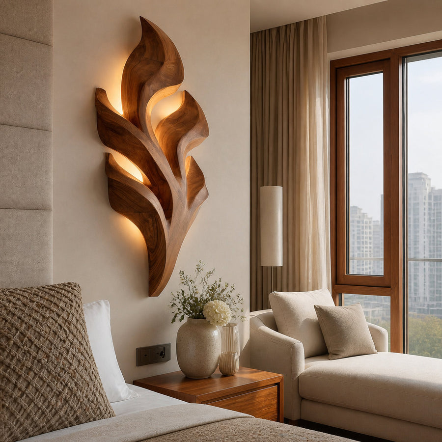 Organic Leaf Wooden Wall Lamp For Bedroom Decor