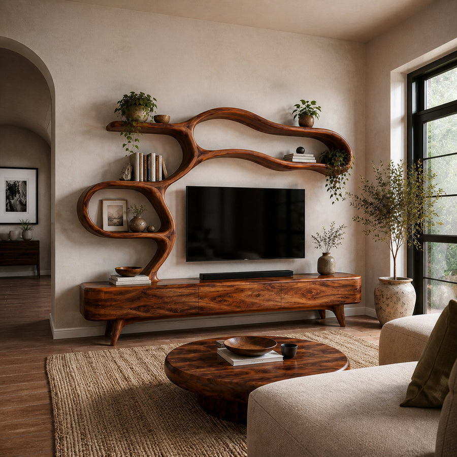 Organic Modern Wood TV Cabinet With Flowing Shelving For Living