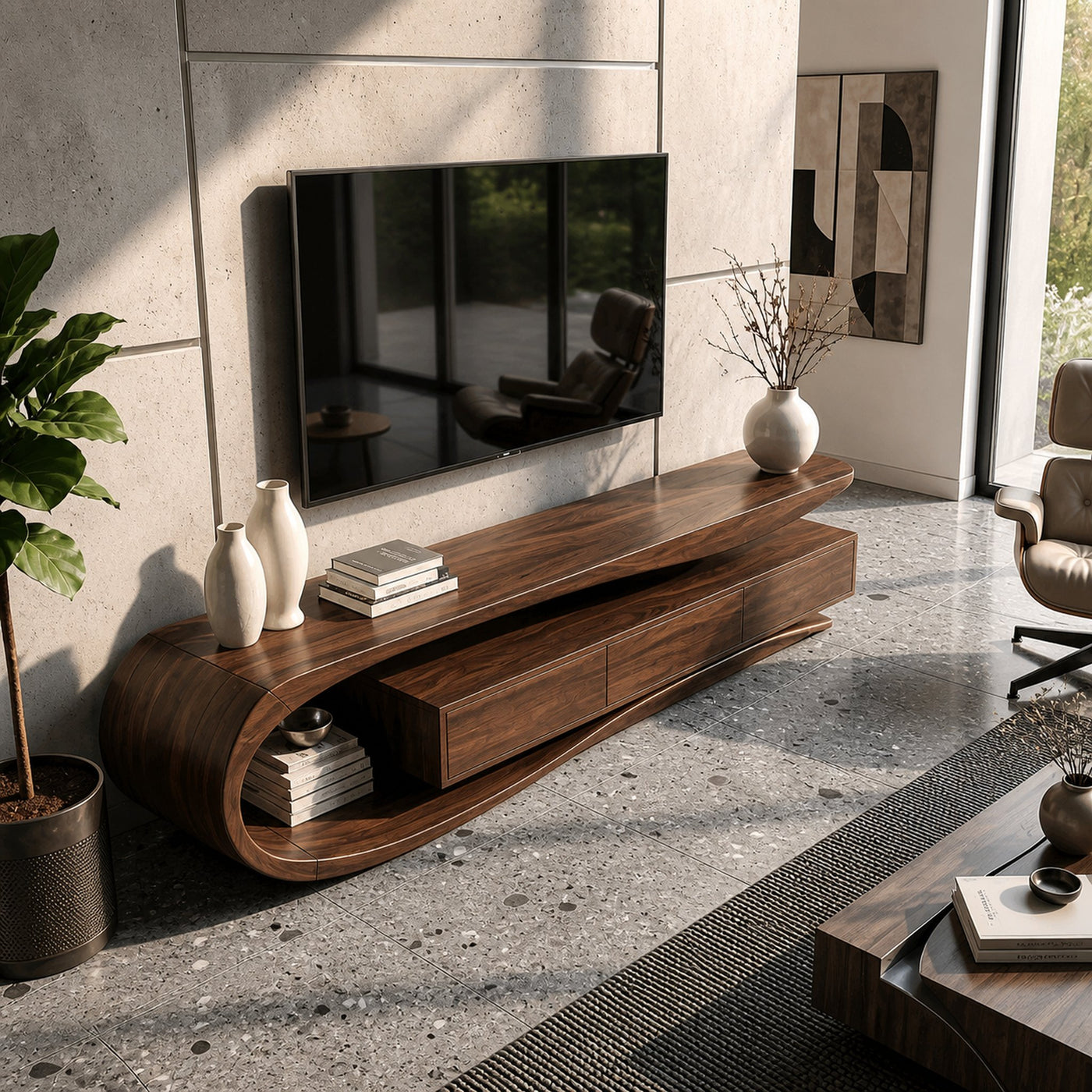 Organic Rounded Wooden TV Console For Living Room Furniture - product view 3