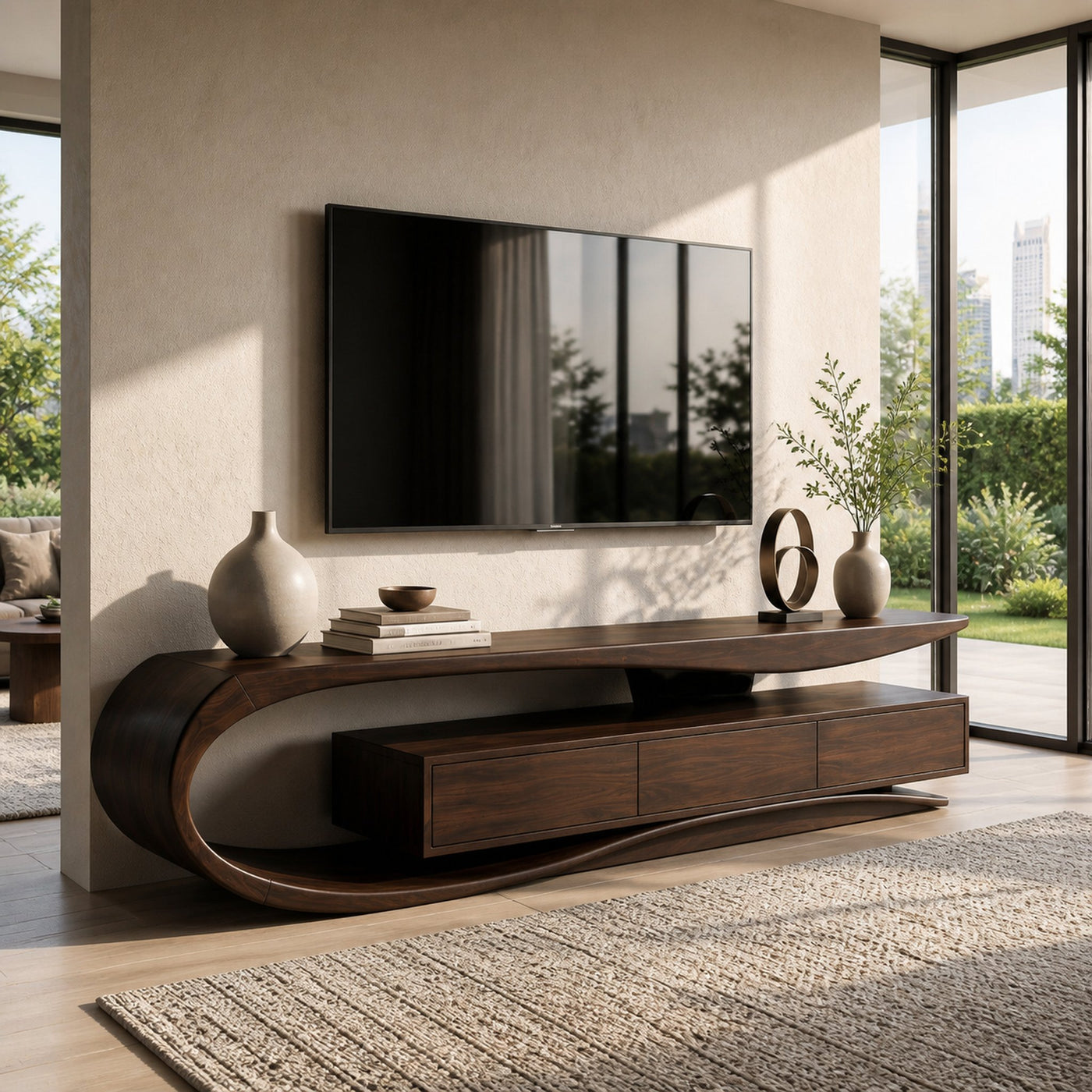Organic Rounded Wooden TV Console For Living Room Furniture - product view 7