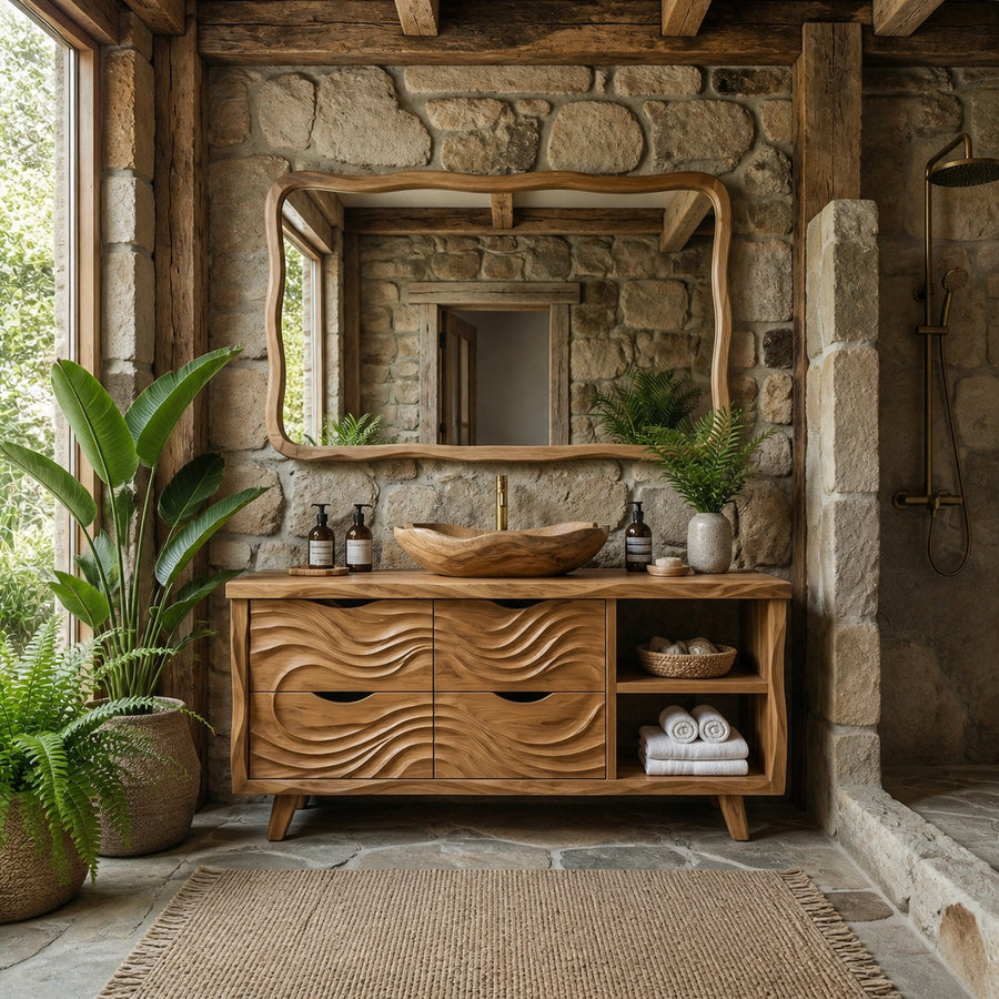 Organic Rustic Solid Wood Bathroom Vanity Wave Carved Storage Cabinet