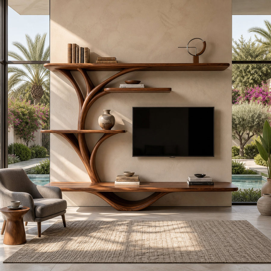 Organic TV Stand With Sculptural Branch Shelves For Living Room