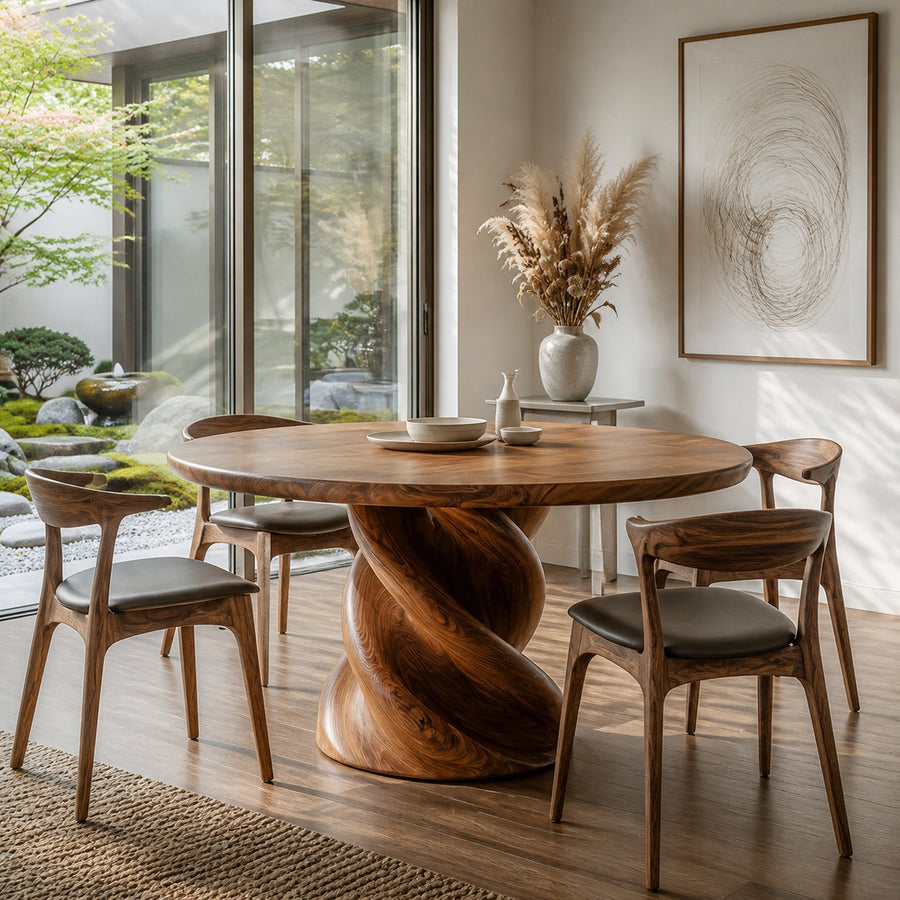 Organic Twisted Pedestal Round Wood Dining Table For Breakfast Nook