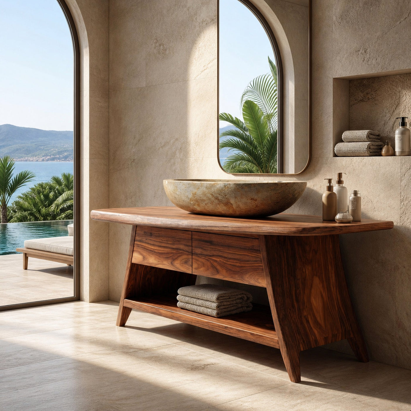 Organic Wood Bathroom Vanity With Open Storage For Bathroom