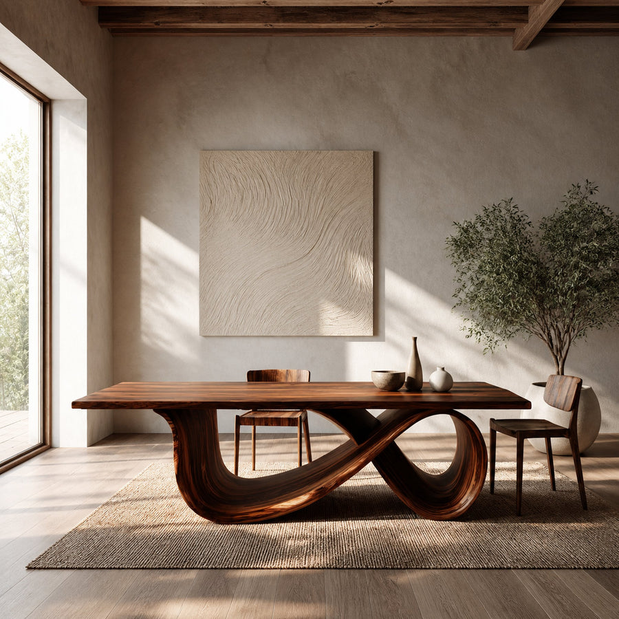 Organic Wood Dining Table With Infinity Loop Base For Kitchen