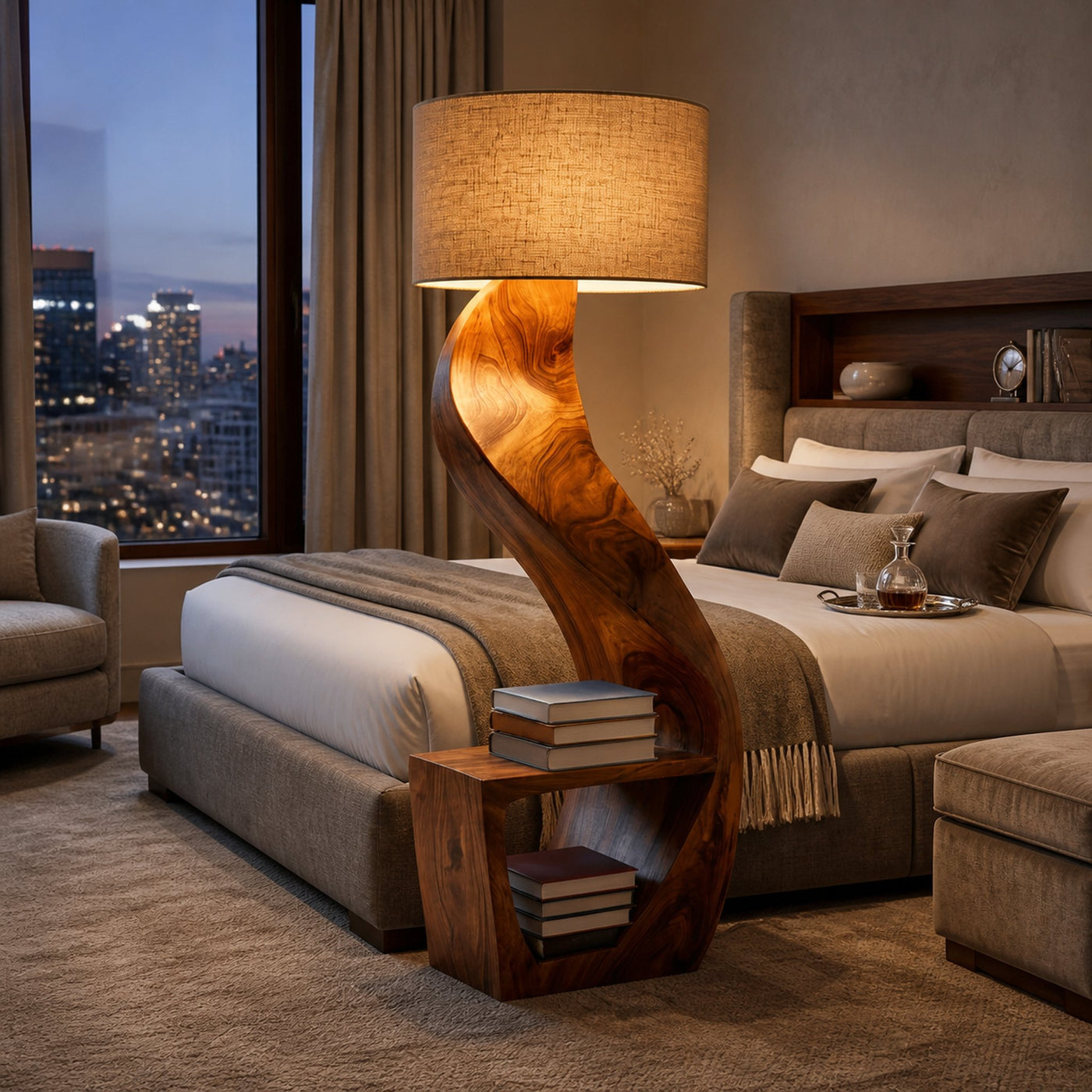 Organic Wood Floor Lamp With Storage Shelf For Bedroom