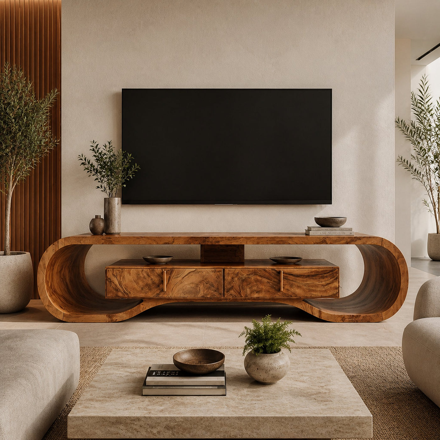 Organic Wood TV Cabinet For Living Room Media Storage