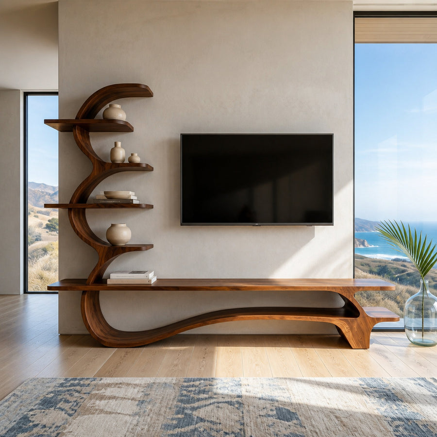 Organic Wood TV Stand With Side Curved Shelf For Living