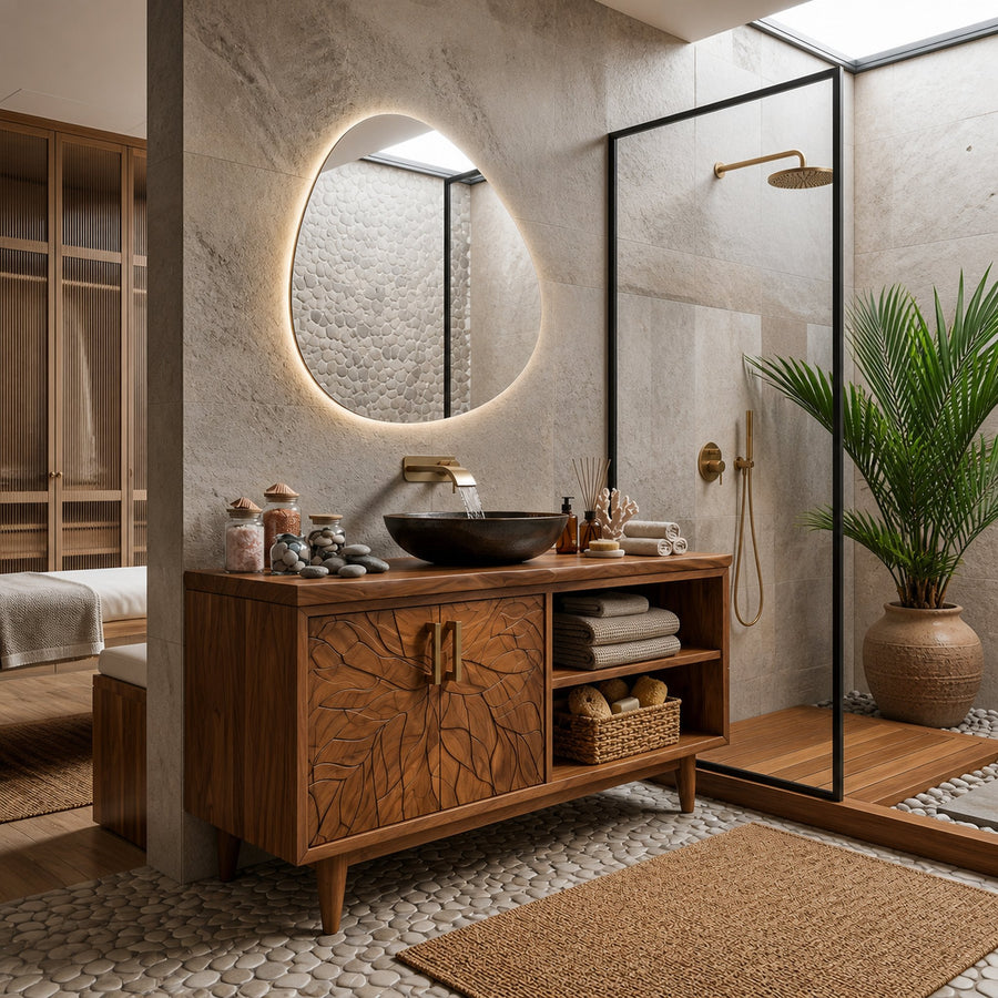 Organic Wood Vanity Cabinet For Garden Bathroom