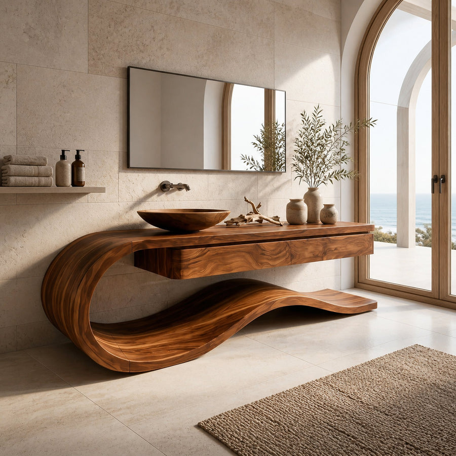 Organic Wooden Bathroom Vanity With Flowing Structure For Bathroom