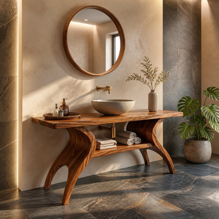 Organic Wooden Bathroom Vanity With Open Towel Shelf For Bath