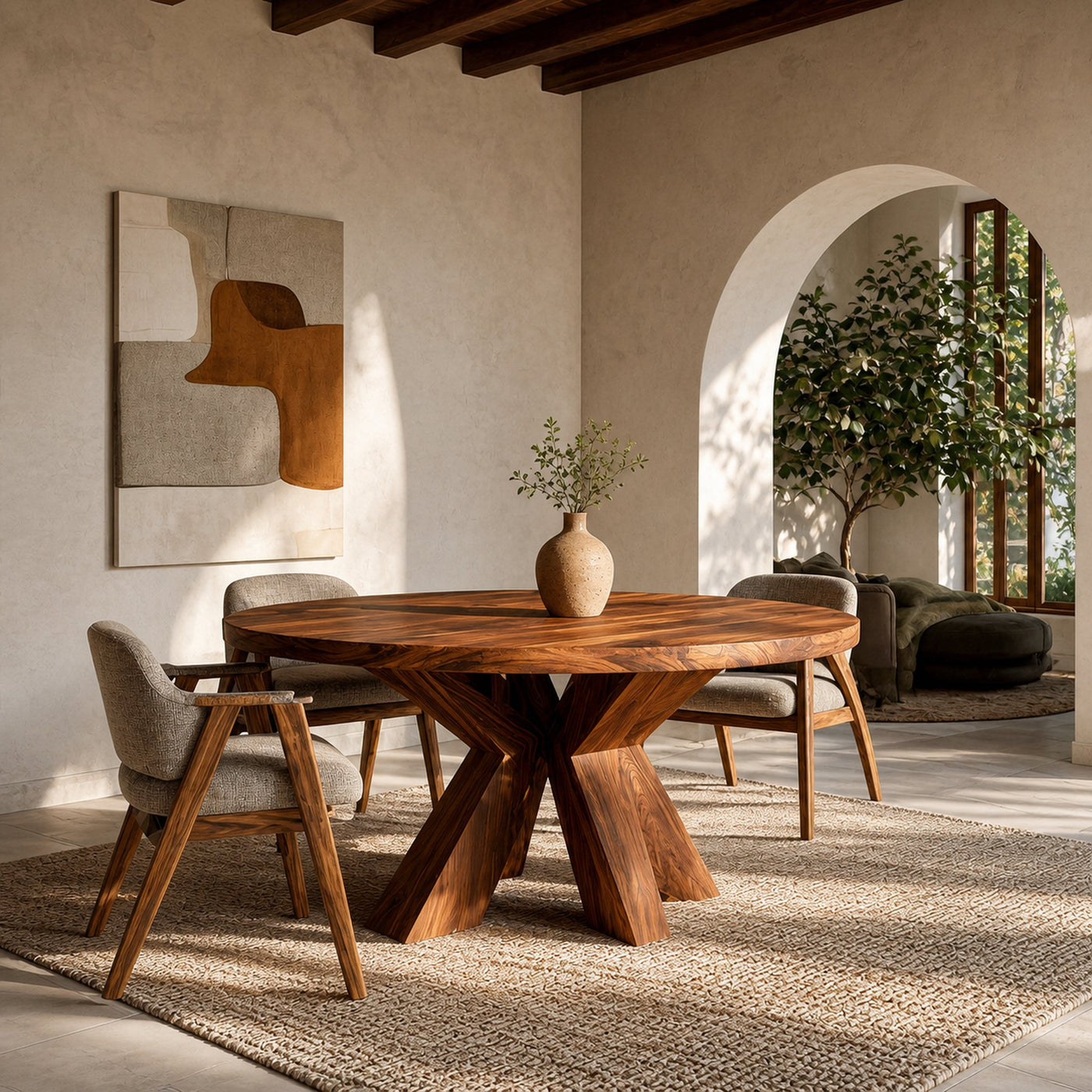 Organic Wooden Dining Table With Multi-Branched Base For Kitchen