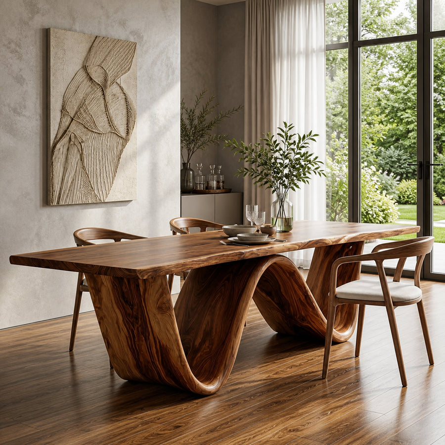 Organic Wooden Dining Table With W-shaped Base For Dining Space