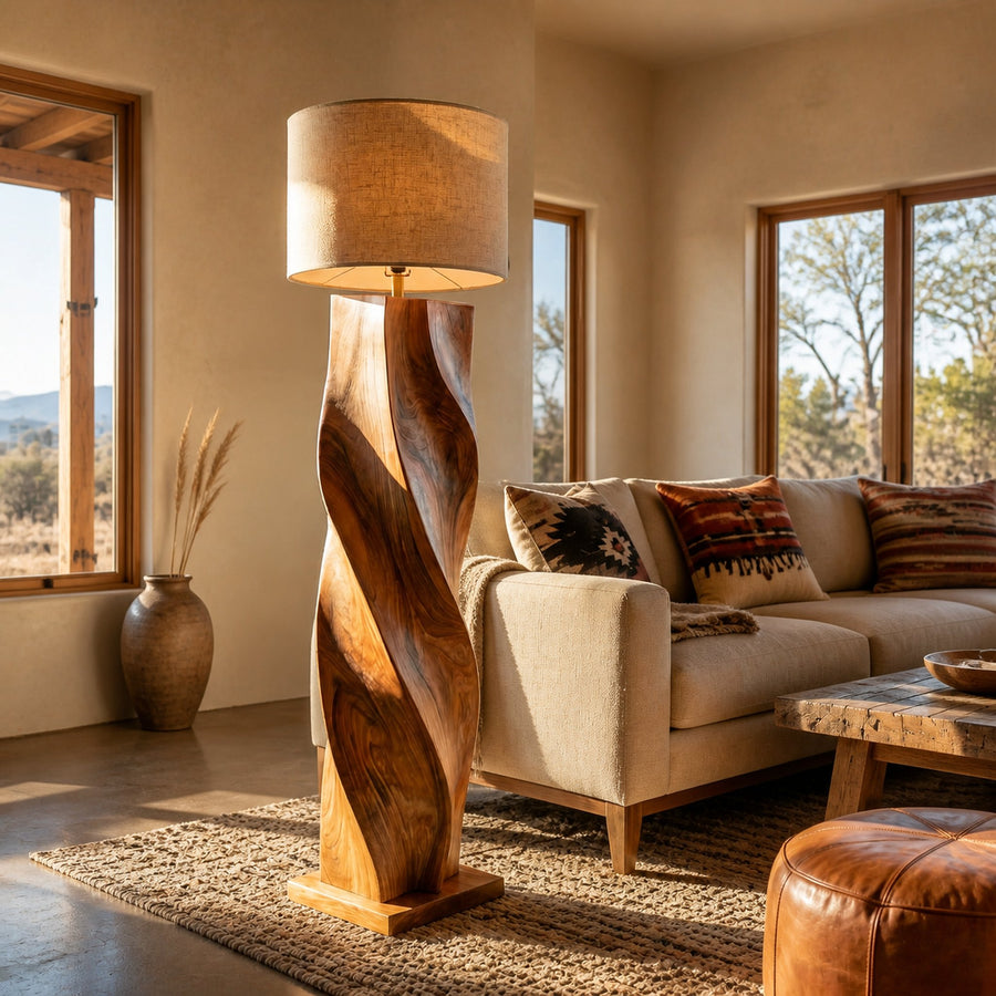 Organic Wooden Floor Lamp Twisted Design For Bedroom