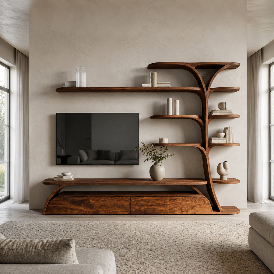 Organic Wooden TV Stand With Display Shelves For Living Room