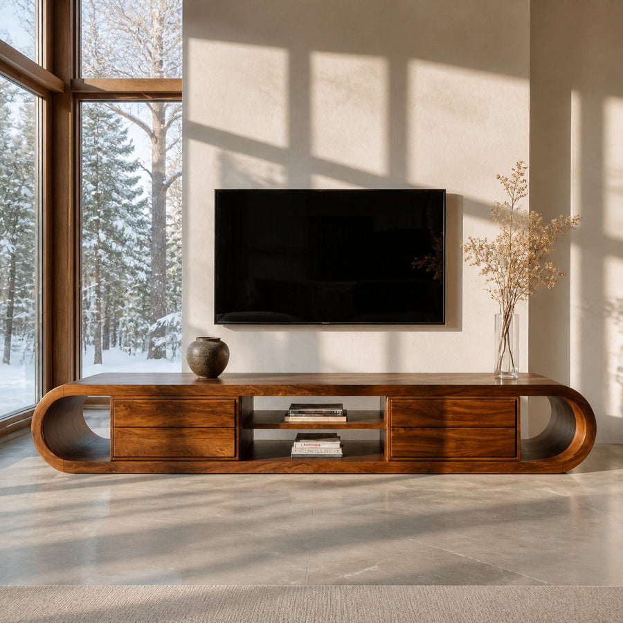 Organic Wooden TV Stand With Rounded Edges For Living Decor