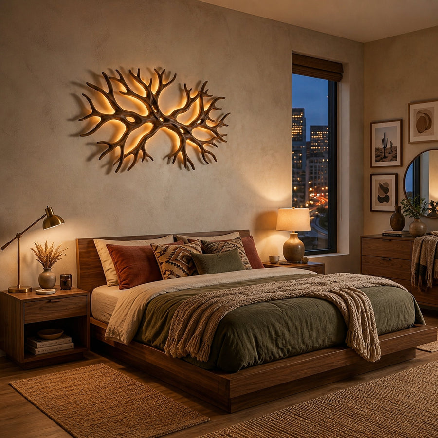Organic Wooden Wall Light With Branch Shape For Rustic Bedroom