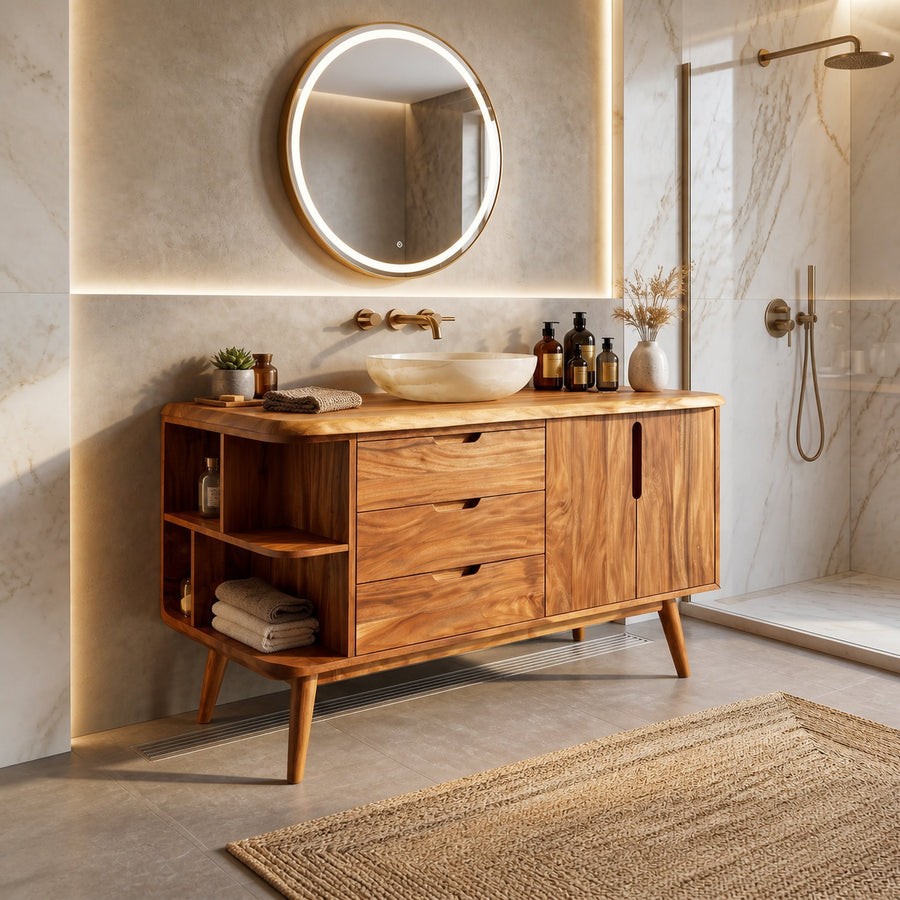 Resort Style Wood Double Vanity For Villa Bathroom