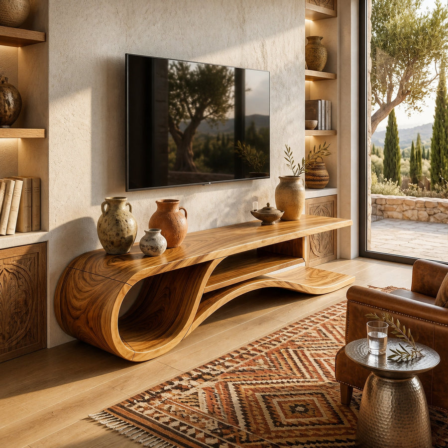 Rustic Curved Media Console For Mediterranean Interior