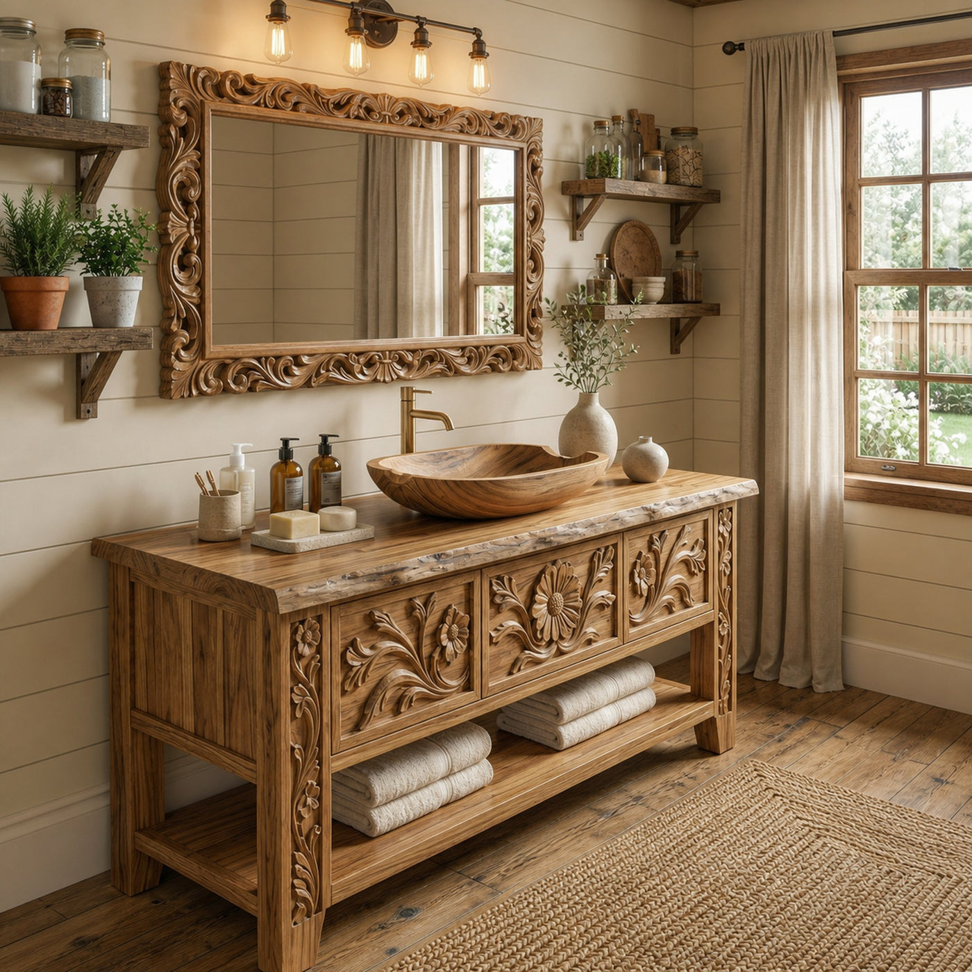 Rustic Hand Carved Solid Wood Bathroom Vanity Decorative Panel Cabinet