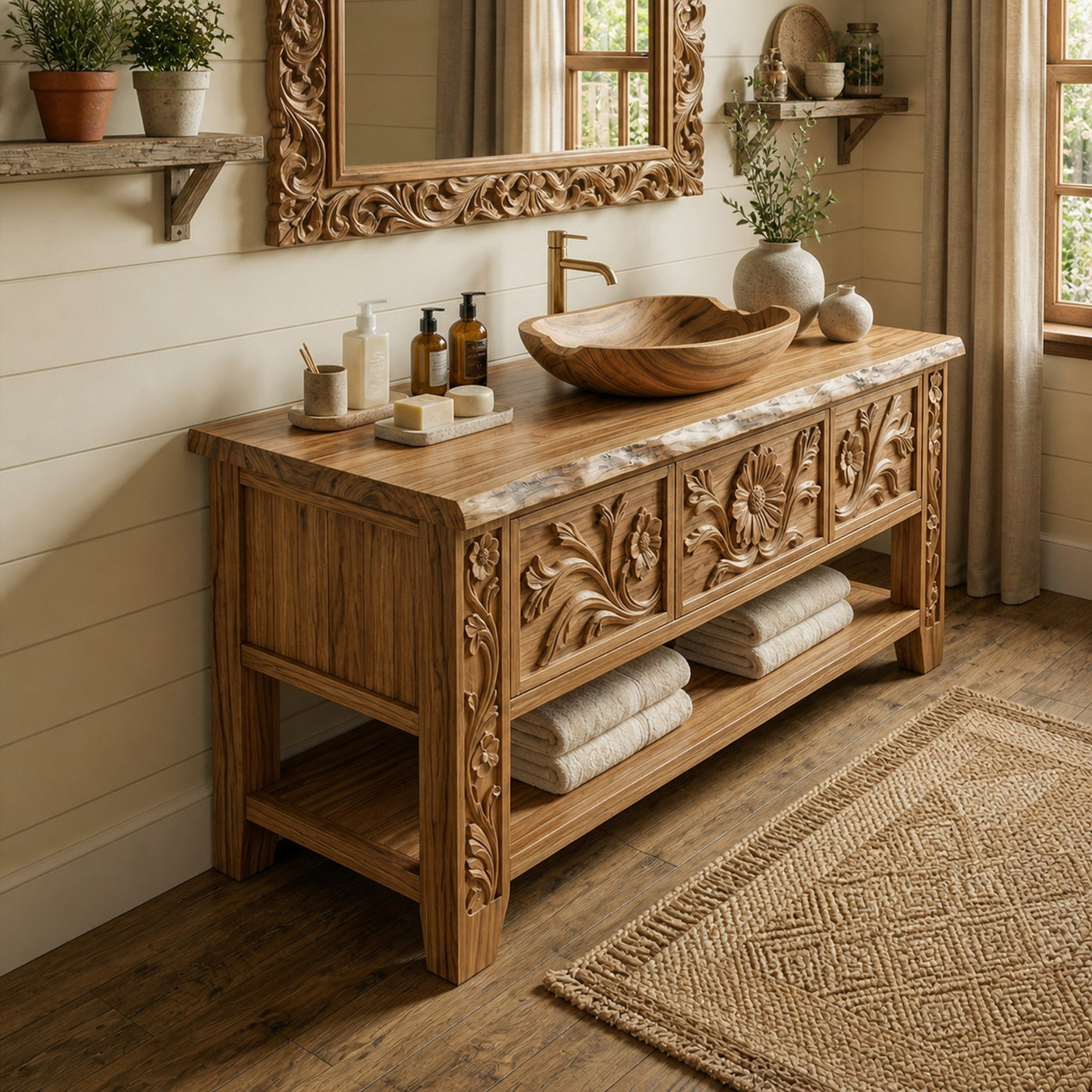 Rustic Hand Carved Solid Wood Bathroom Vanity Decorative Panel Cabinet - product view 2