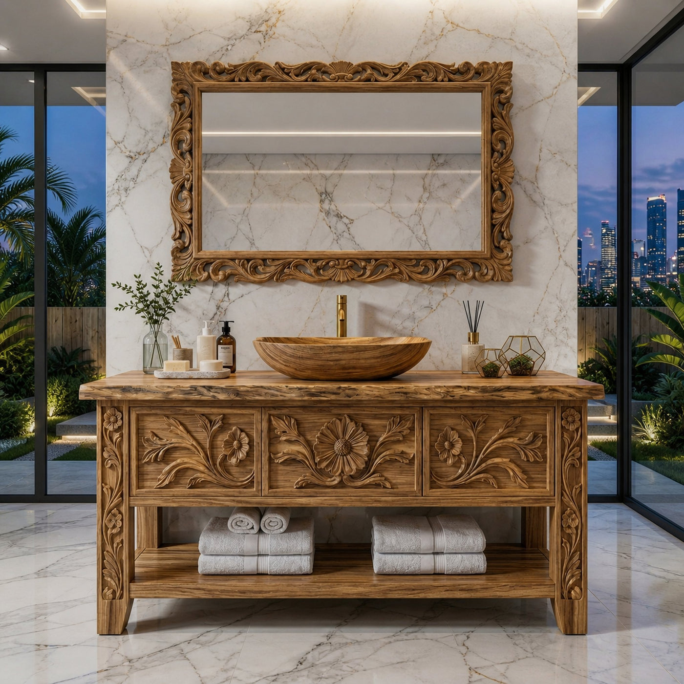 Rustic Hand Carved Solid Wood Bathroom Vanity Decorative Panel Cabinet - product view 3