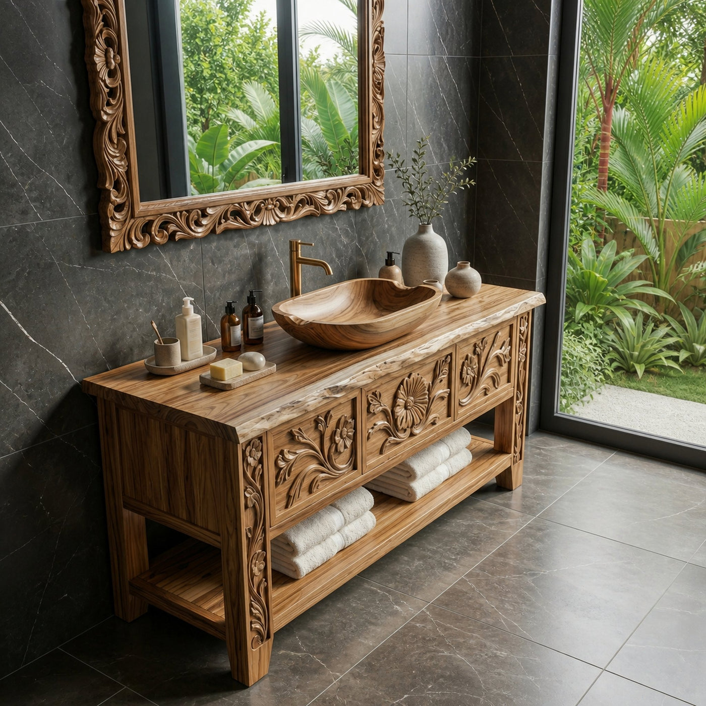Rustic Hand Carved Solid Wood Bathroom Vanity Decorative Panel Cabinet - product view 4