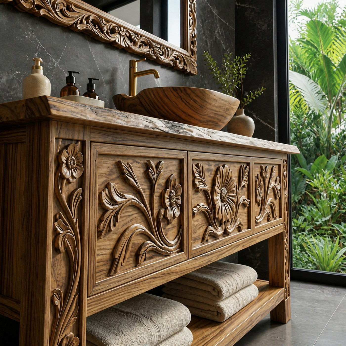 Rustic Hand Carved Solid Wood Bathroom Vanity Decorative Panel Cabinet - product view 5