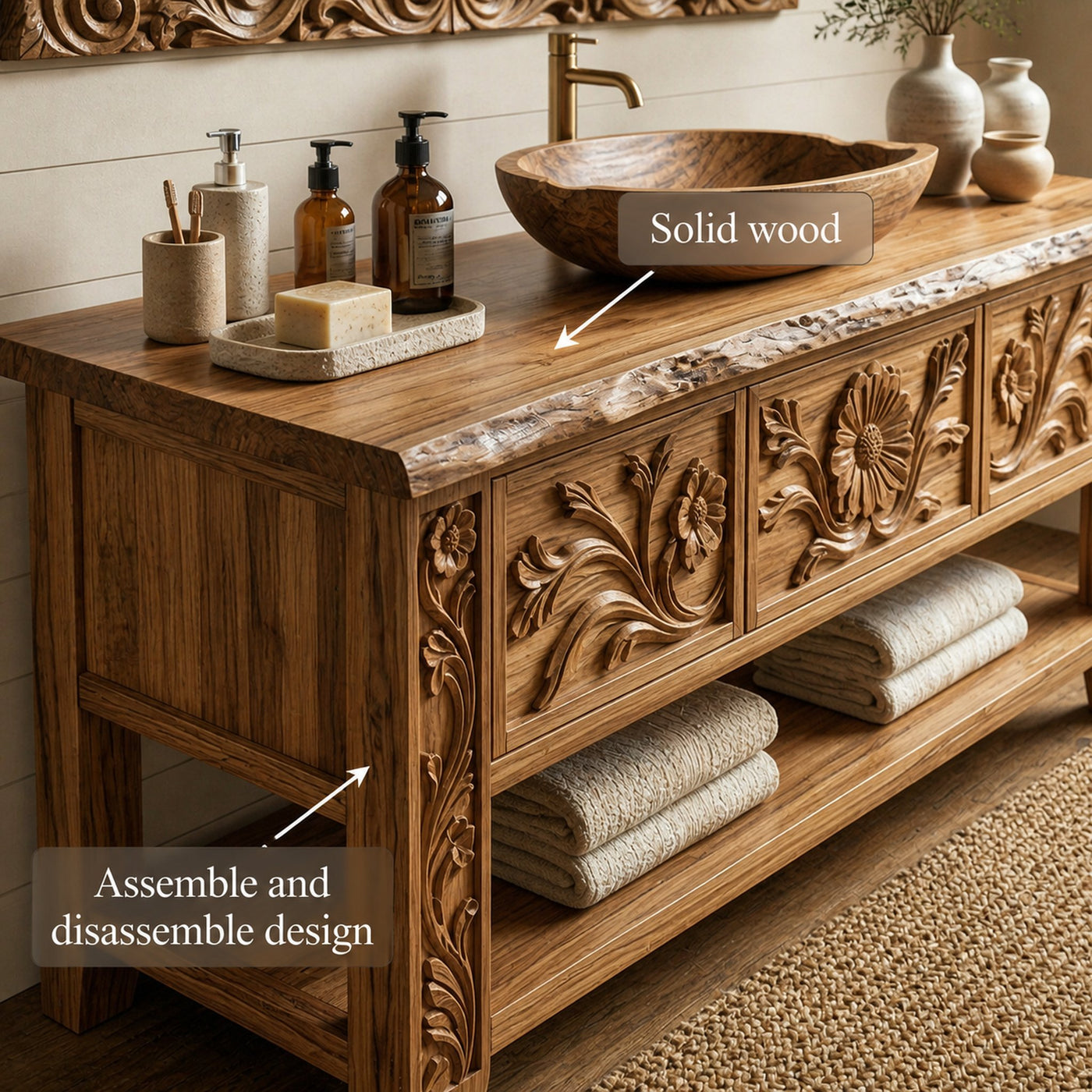 Rustic Hand Carved Solid Wood Bathroom Vanity Decorative Panel Cabinet - product view 6