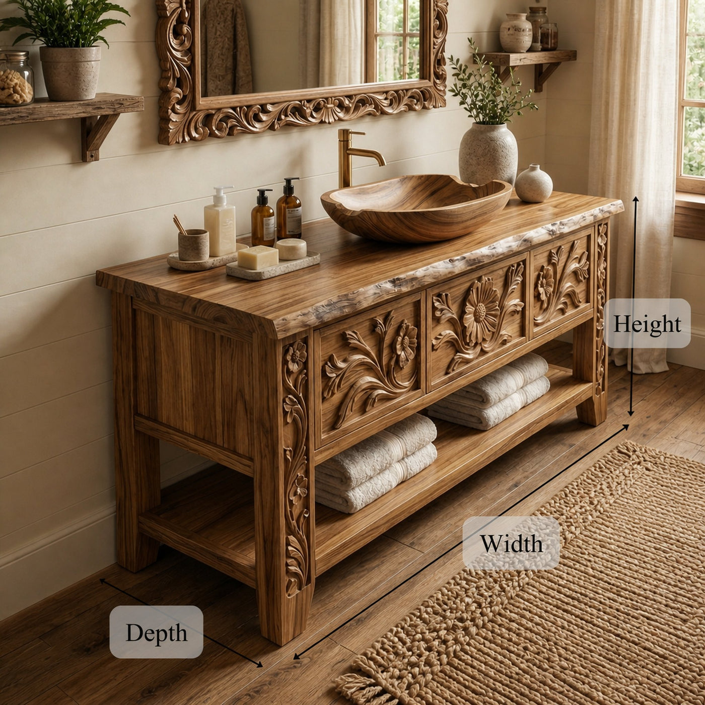 Rustic Hand Carved Solid Wood Bathroom Vanity Decorative Panel Cabinet - product view 7