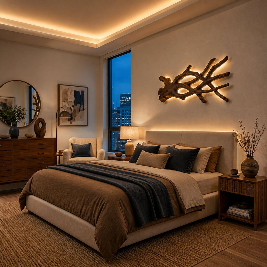Rustic Sculptural Wood Wall Light For Bedroom Interior