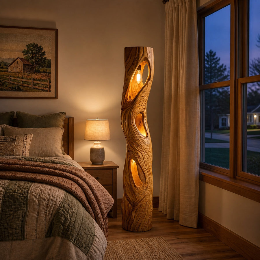 Rustic Sculptural Wooden Floor Lamp For Home Decor