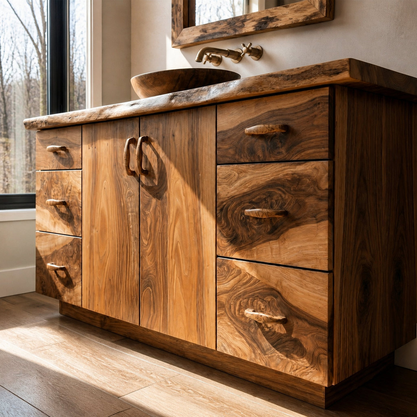 Rustic Solid Wood Bathroom Cabinet Natural Grain Storage Vanity