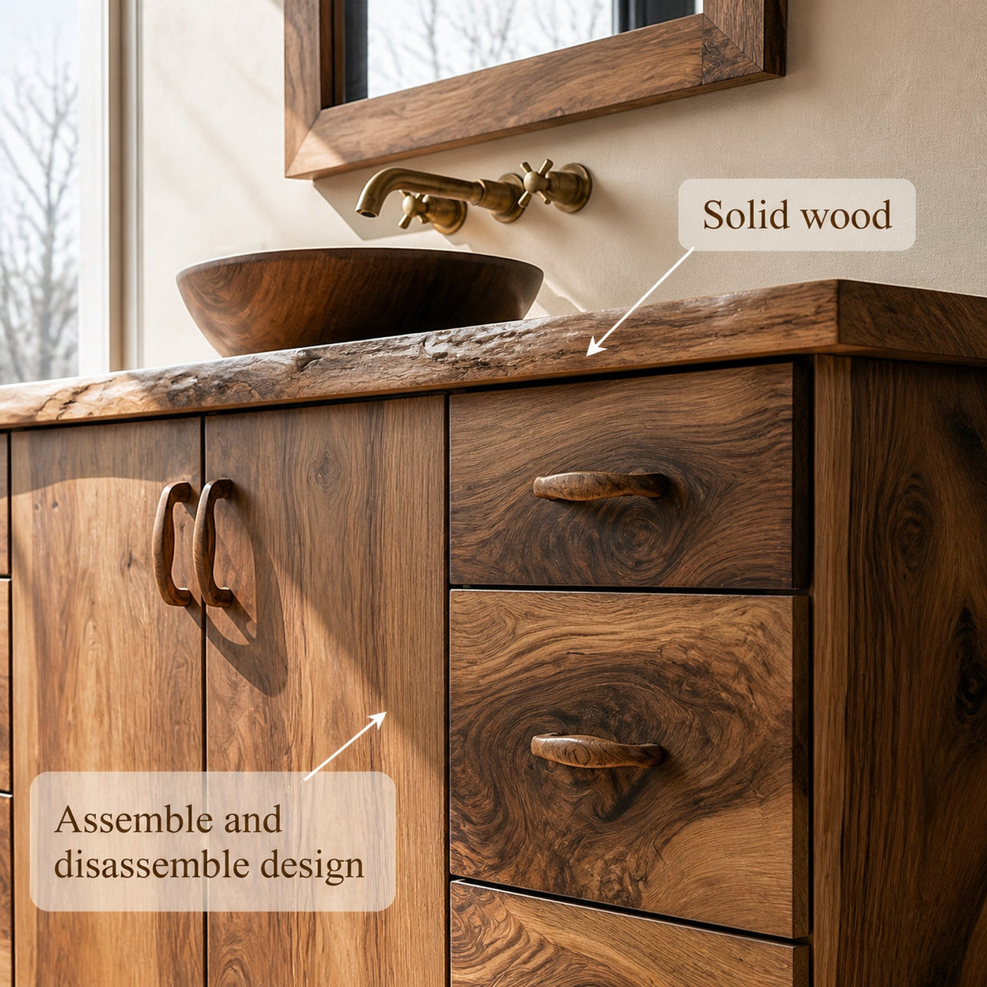 Rustic Solid Wood Bathroom Cabinet Natural Grain Storage Vanity - product view 5