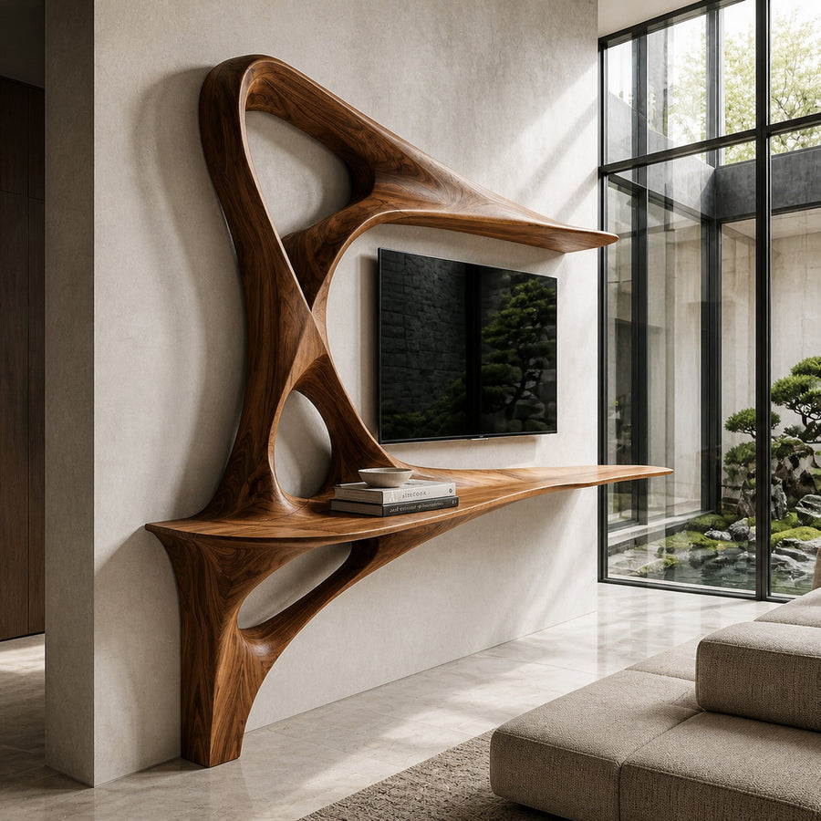 Rustic TV Console With Carved Frame For Living Room