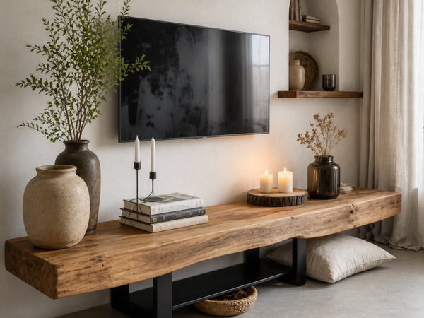 Rustic TV Shelf With Metal Legs For Minimalist Living Room
