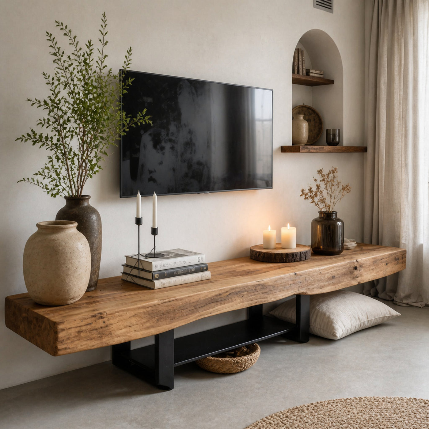 Rustic TV Shelf With Metal Legs For Minimalist Living Room