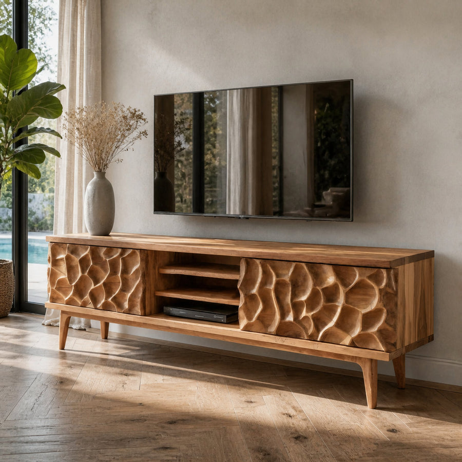 Rustic TV Stand With Carved Doors For Living Room