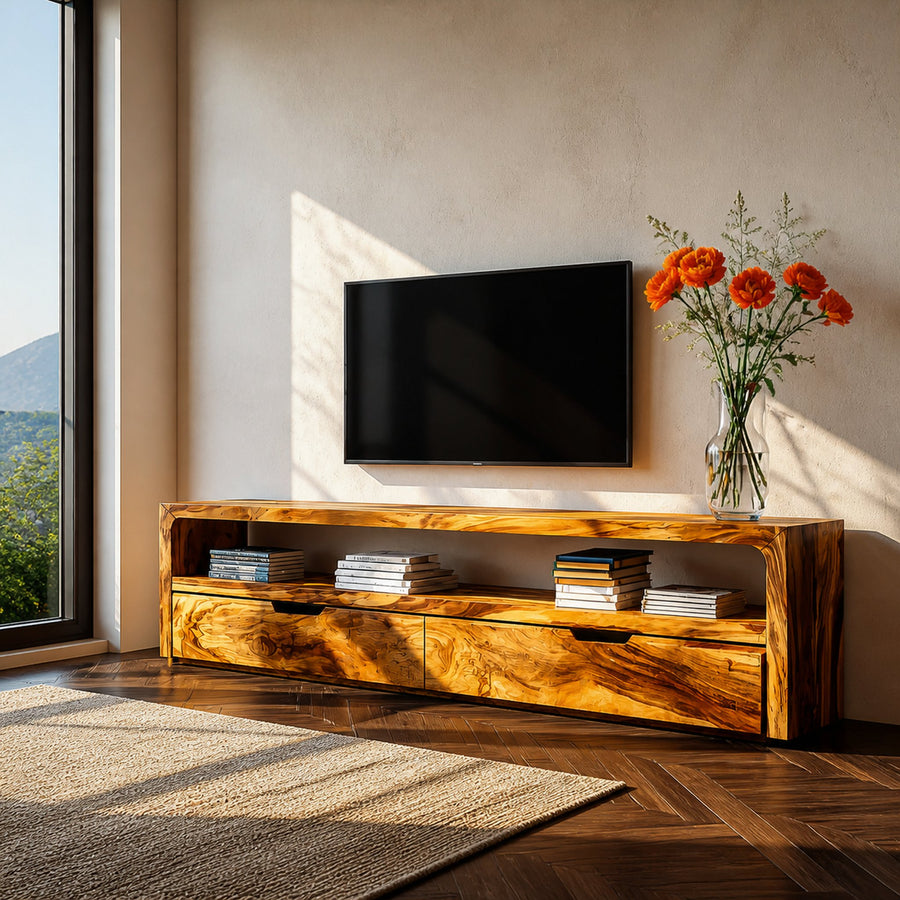 Rustic TV Stand With Shelves And Cabinet Doors For Living