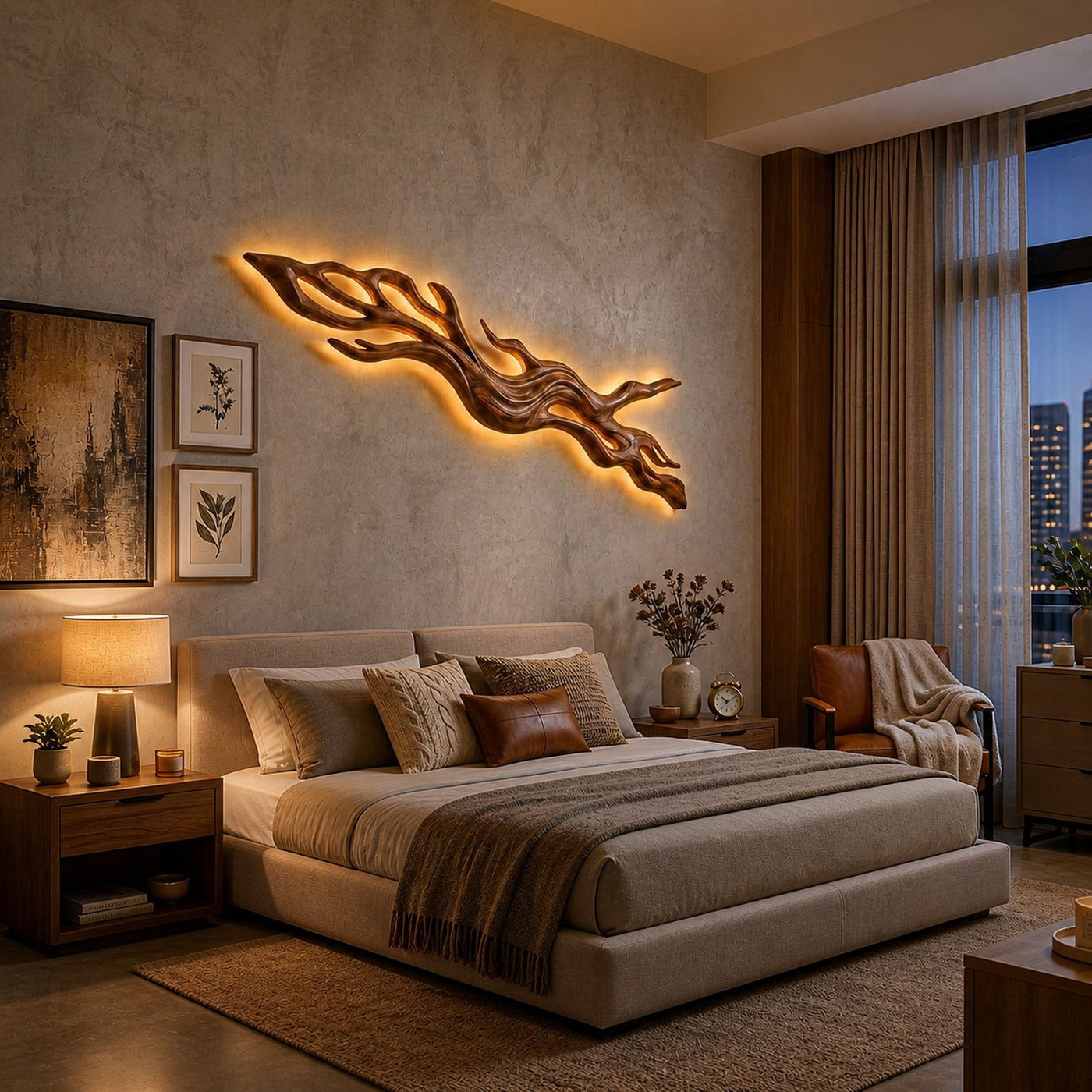 Rustic Wood Wall Light With Undulating Shape For Bedroom Decor
