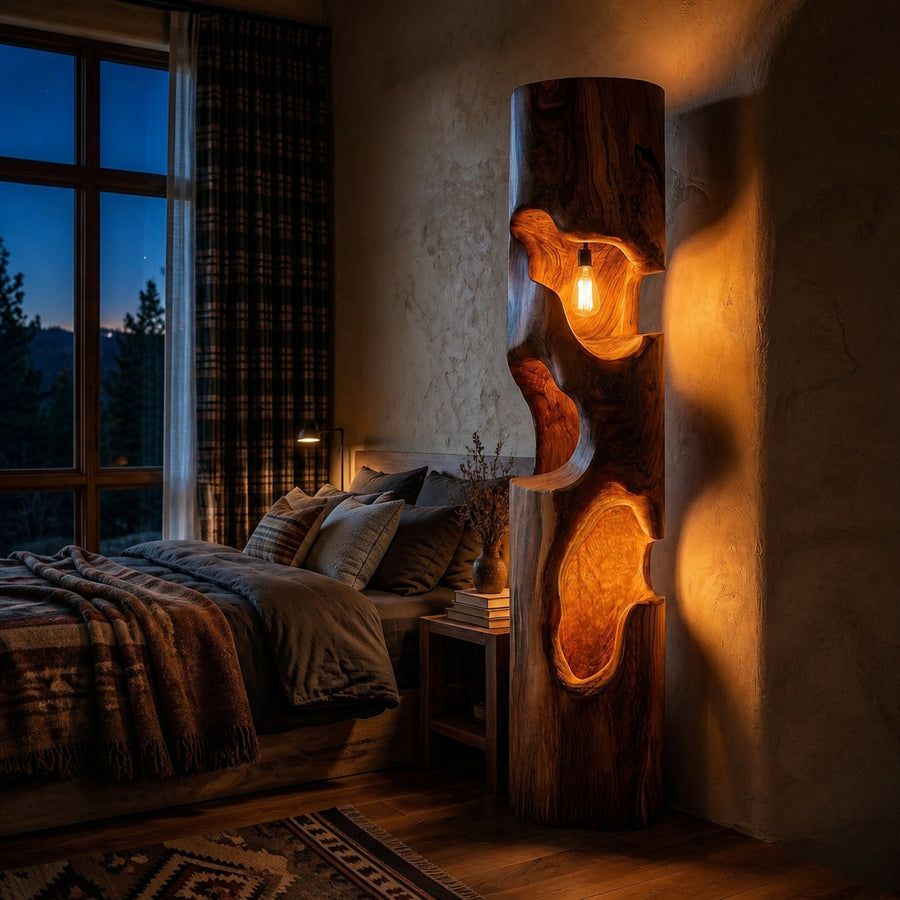 Rustic Wooden Floor Lamp With Sculptural Hollow For Cozy Bedroom